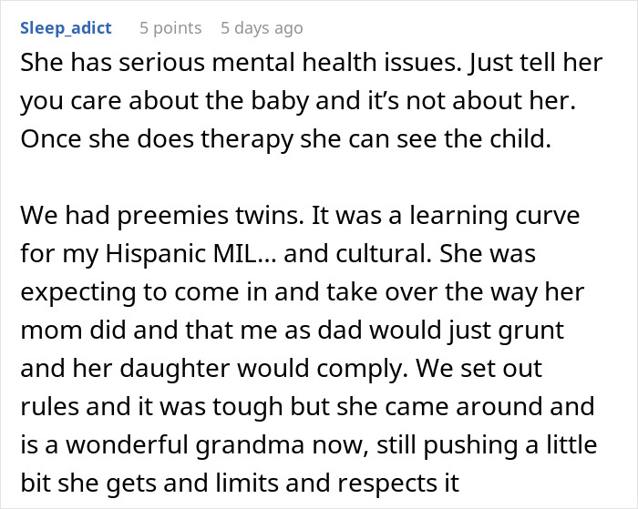 Comment discussing MIL refusing to believe premature birth, highlighting family conflict and mental health issues.