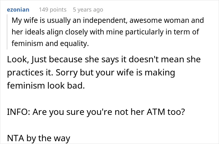 Comment discussing a wife teaching their daughter to treat her boyfriend like an ATM, with a focus on feminism and equality.