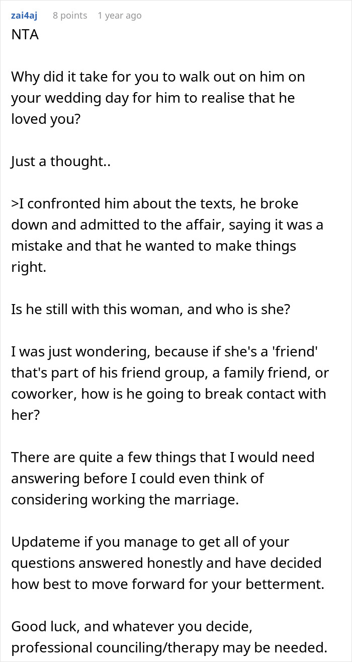 Reddit user discusses couple split at altar after bride overhears groom’s revealing affair, seeking support and advice.