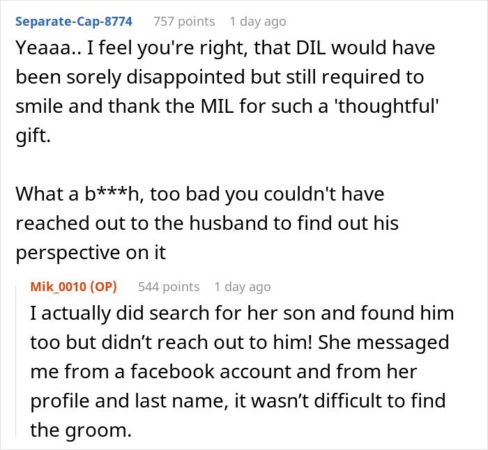 Screenshot of a Reddit conversation discussing a mother-in-law’s plan to make bride look ugly in wedding illustration backfiring.