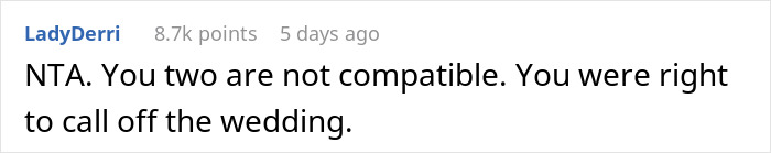 Text comment on a forum post about a groom ending relationship over debt and clashing values after fianc&eacute;e demands $35k for wedding.