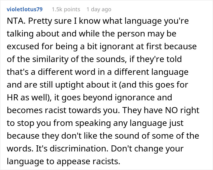 Alt text: Reddit comment discussing a man taking a call in Korean and coworker involving HR over language conflict.