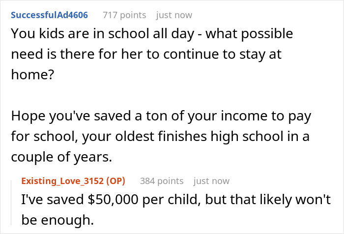Screenshot of a discussion about a stay-at-home mom feeling poor despite receiving 1K per month as fun money. Screenshot of a discussion about a stay-at-home mom feeling poor despite receiving 1K per month as fun money.