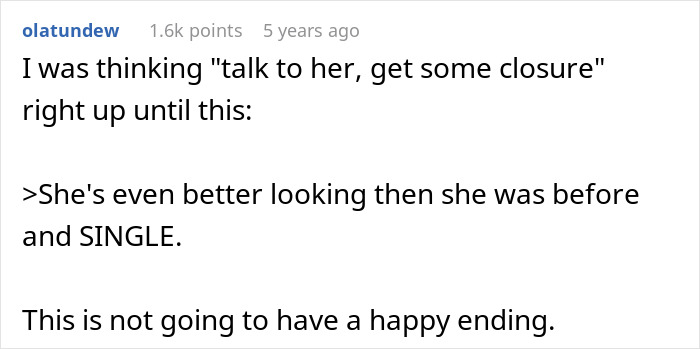 Screenshot of a Reddit comment discussing a man left without closure after fianc&eacute; disappears before wedding and hears from her years later.