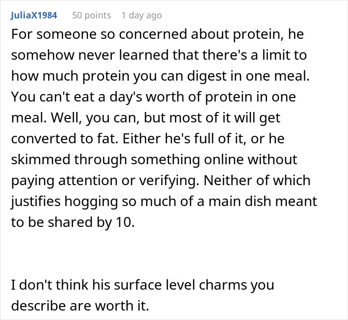 Comment discussing a guy unable to control his hunger while eating turkey, causing embarrassment at family gathering. Comment discussing a guy unable to control his hunger while eating turkey, causing embarrassment at family gathering.