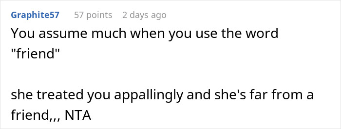 Alt text: Online comment about painful friendship wake-up call during a wedding dress shopping trip.