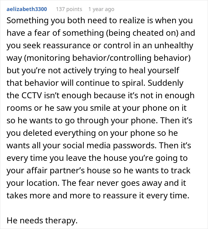 Comment discussing trust issues and a husband wanting to install CCTV after unexplained scratches on a wife's back. Comment discussing trust issues and a husband wanting to install CCTV after unexplained scratches on a wife's back.