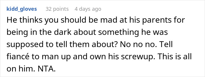 Comment discussing fiancé’s lie about family causing woman to rethink engagement after holiday dinner conflict.