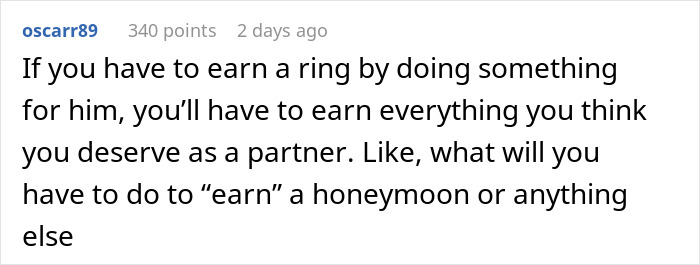 Screenshot of a social media comment debating if a girlfriend must earn an engagement ring, sparking relationship drama.