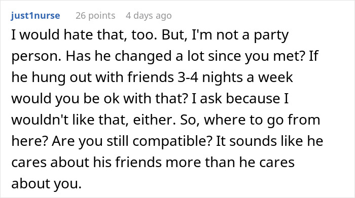 Comment discussing a woman shutting down boys’ nights at their house after they go too far, expressing frustration with friends. Comment discussing a woman shutting down boys’ nights at their house after they go too far, expressing frustration with friends.