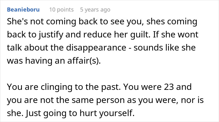 Comment about man left without closure after fianc&eacute; disappears before wedding, discussing guilt and moving on from past hurt.