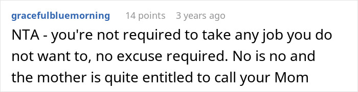 Screenshot of an online comment about a teen refusing to babysit a reckless 8-year-old and the mother&rsquo;s ungrateful reaction.
