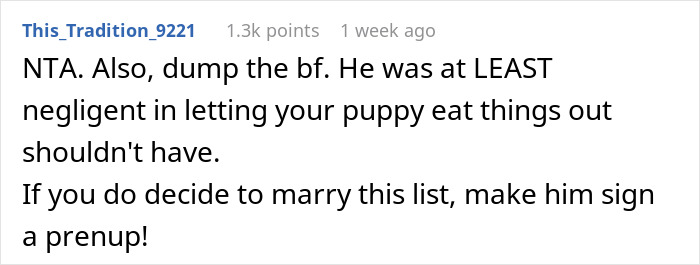 Comment on entitled mother expenses split son girlfriend, advising to dump boyfriend and consider a prenuptial agreement. Comment on entitled mother expenses split son girlfriend, advising to dump boyfriend and consider a prenuptial agreement.