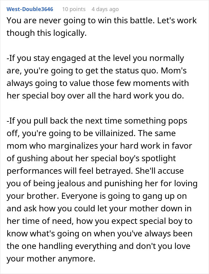 Text comment discussing a woman blinded by flowers from her son while not seeing how much her daughter is doing for her. Text comment discussing a woman blinded by flowers from her son while not seeing how much her daughter is doing for her.