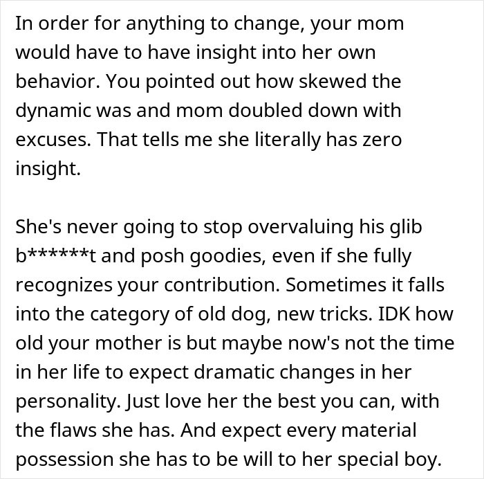 Alt text: Woman doesn’t see how much her daughter is doing, blinded by flowers from son in family dynamic conflict. Alt text: Woman doesn’t see how much her daughter is doing, blinded by flowers from son in family dynamic conflict.