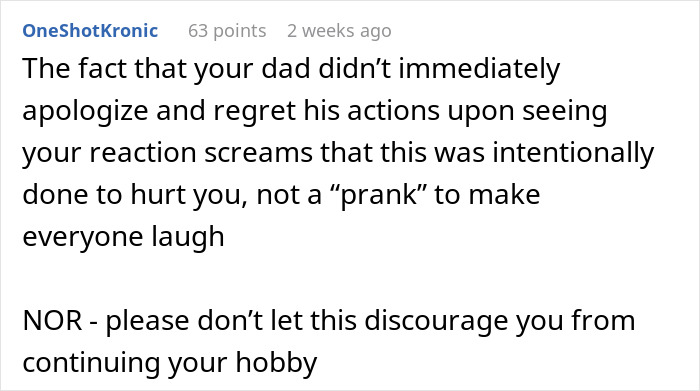 Comment discussing a dad fixing his 19-year-old daughter's first drawing, causing conflict and discouragement about her hobby.