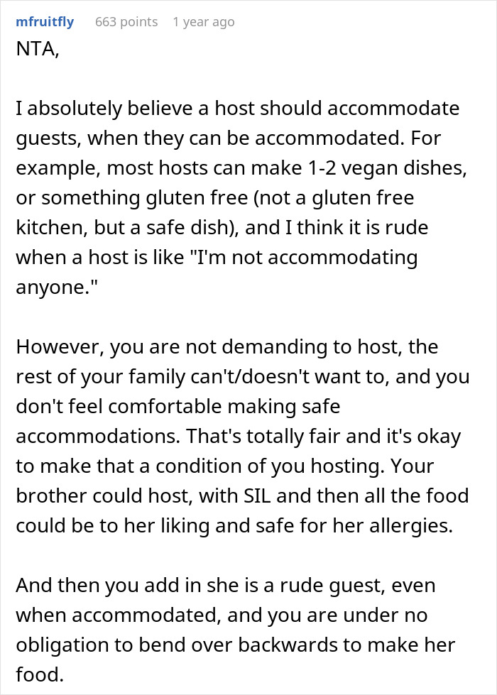 Reddit comment discussing family expectations and accommodating allergies, highlighting a reality check on hosting demands. Reddit comment discussing family expectations and accommodating allergies, highlighting a reality check on hosting demands.