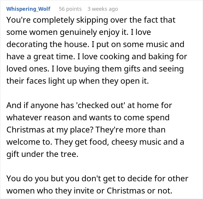 Comment discussing feminism and Christmas labor, highlighting moms doing most of the work and gifted holiday efforts. Comment discussing feminism and Christmas labor, highlighting moms doing most of the work and gifted holiday efforts.