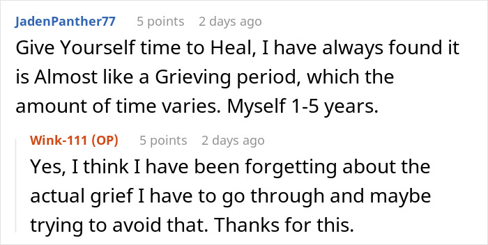 Commenters discuss healing time and grief processing after regretting a divorce, sharing personal experiences and advice.