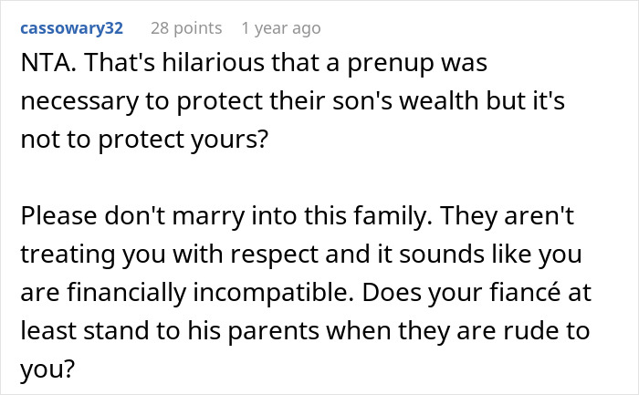 Reddit comment discussing future in-laws demanding a prenup and the financial conflict with a wealthy family. Reddit comment discussing future in-laws demanding a prenup and the financial conflict with a wealthy family.