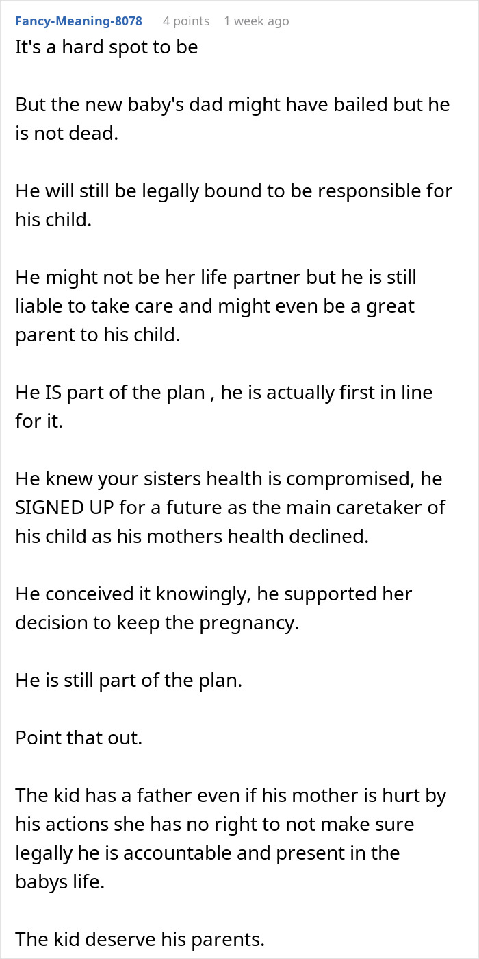 Comment discussing responsibility and care disputes involving a childfree woman and her sister’s new baby.
