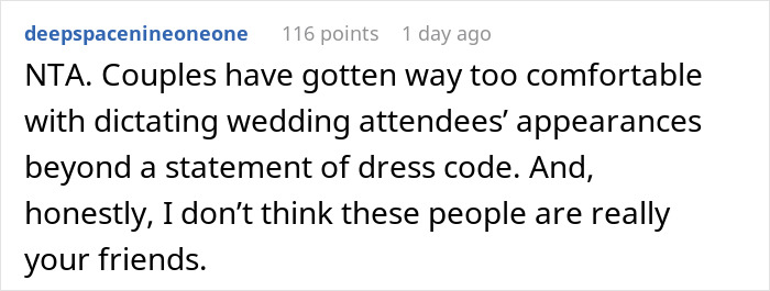 Screenshot of a Reddit comment discussing discomfort with Bride and Groom taking woman's hairy armpits as an insult. Screenshot of a Reddit comment discussing discomfort with Bride and Groom taking woman's hairy armpits as an insult.