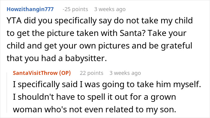 Step-grandma sneaks baby to Santa against rules, watched closely, leading to losing babysitting privileges permanently. Step-grandma sneaks baby to Santa against rules, watched closely, leading to losing babysitting privileges permanently.