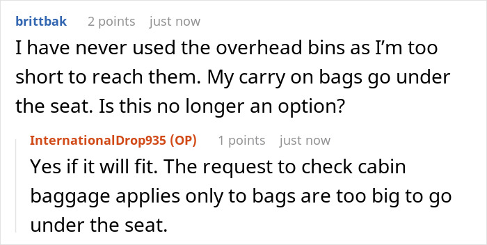 ALT text: Online discussion about airline luggage policy and cabin baggage rules causing passenger frustration and emotional distress for worker ALT text: Online discussion about airline luggage policy and cabin baggage rules causing passenger frustration and emotional distress for worker