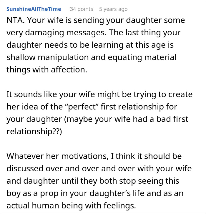 Screenshot of an online discussion about a dad calling out his wife for teaching their daughter to treat her boyfriend like a personal ATM.
