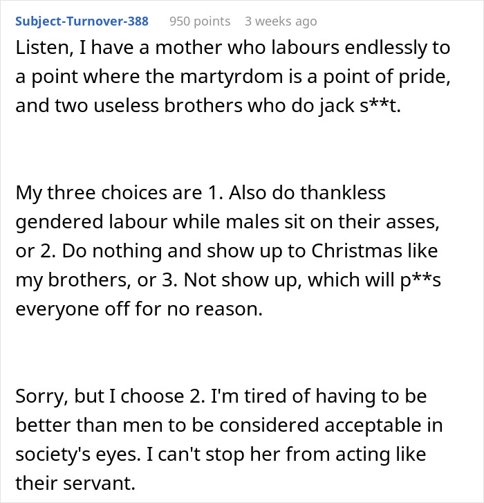 Text post discussing feminism and adults leaving moms to do all the labor during Christmas while critiquing gendered roles. Text post discussing feminism and adults leaving moms to do all the labor during Christmas while critiquing gendered roles.