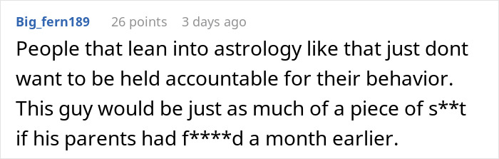 Online comment discussing a cheating boyfriend and astrology obsession blaming behavior on being a Cancer zodiac sign.