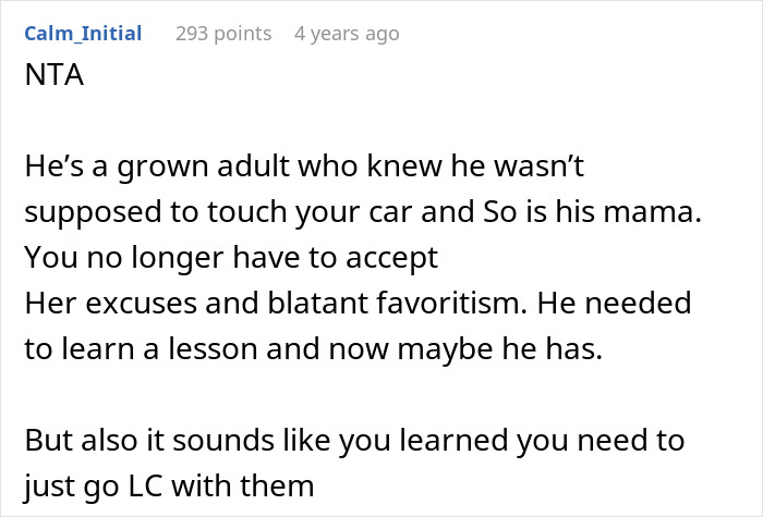 Screenshot of a Reddit comment discussing family conflict over a half-brother who stole a woman's car and got arrested.