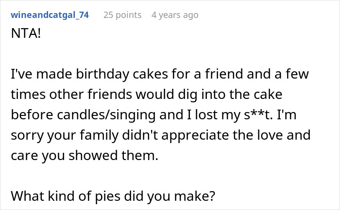 Screenshot of a forum comment discussing homemade pies and frustration over relatives eating them without permission.