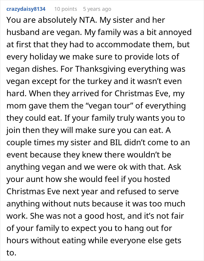 Comment discussing challenges and experiences when there are no vegan options for Christmas Eve dinner in family gatherings. Comment discussing challenges and experiences when there are no vegan options for Christmas Eve dinner in family gatherings.