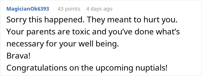 Reddit comment expressing support for a man cutting off parents after conflict over planning a small wedding.