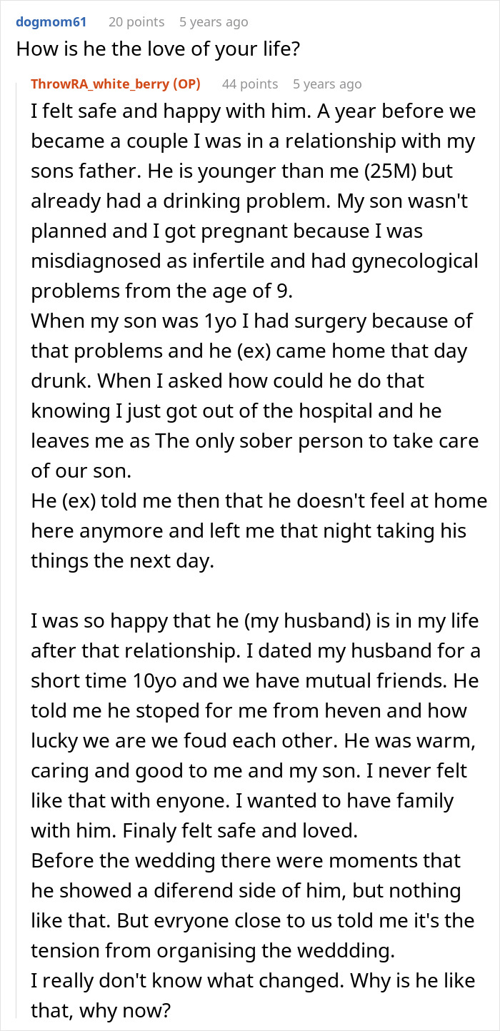 Screenshot of a forum post where a woman shares how her marriage fell apart soon after her husband ruined their wedding. Screenshot of a forum post where a woman shares how her marriage fell apart soon after her husband ruined their wedding.