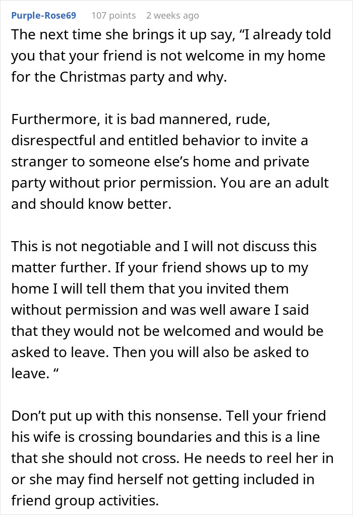 Text post advising setting boundaries when a host tells friend’s wife she can’t invite random people to house for Christmas. Text post advising setting boundaries when a host tells friend’s wife she can’t invite random people to house for Christmas.