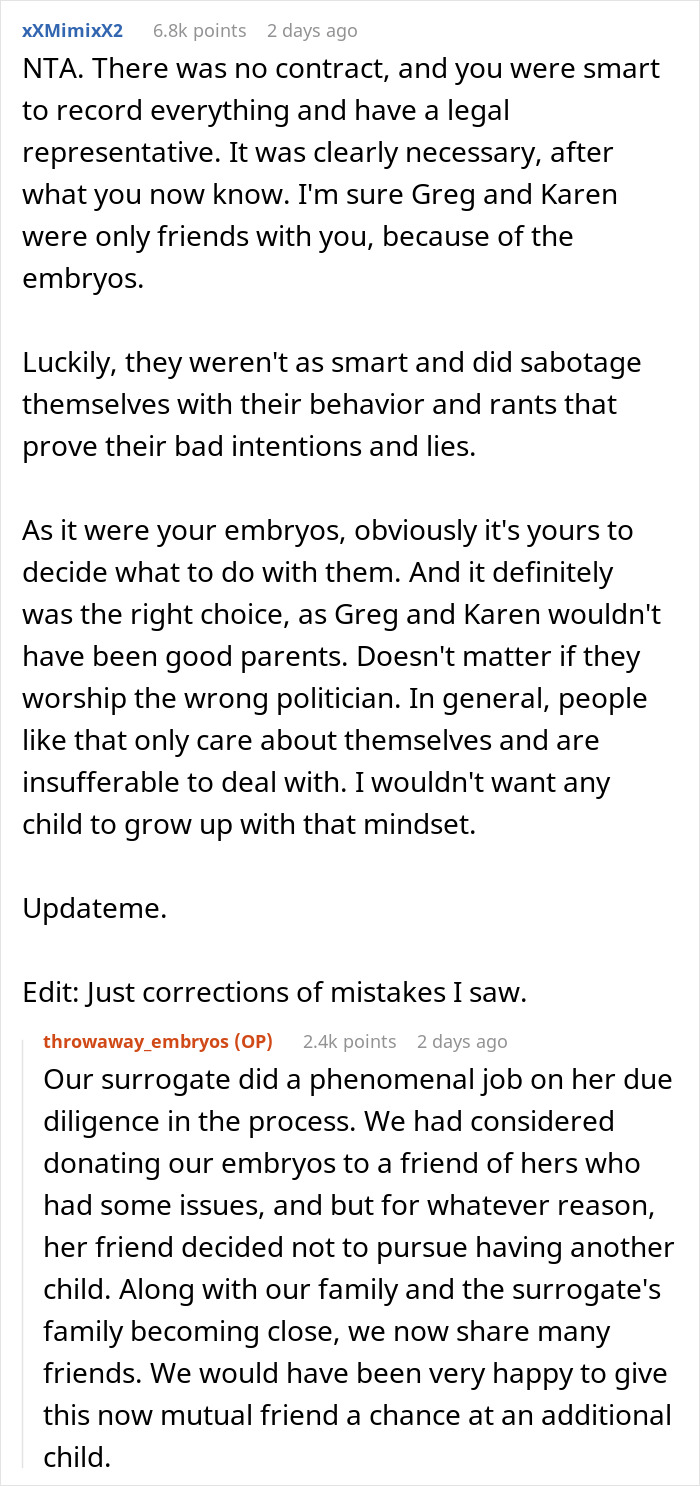 Couple discuss decision to destroy embryos after discovering friend's true colors and bad intentions in their relationship.