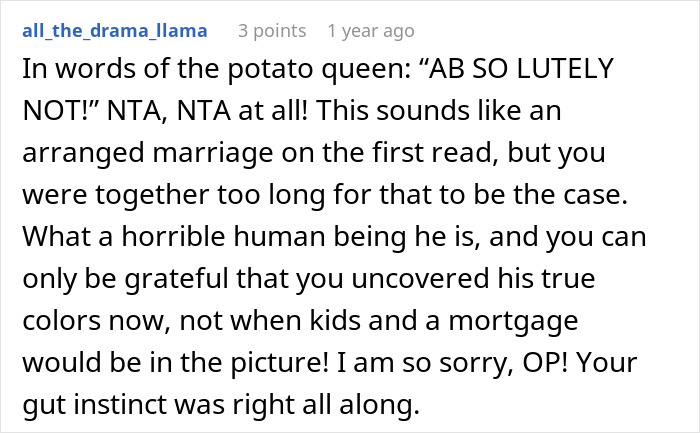 Screenshot of an online comment about a couple split at altar after bride overhears groom’s unexpected revelations.