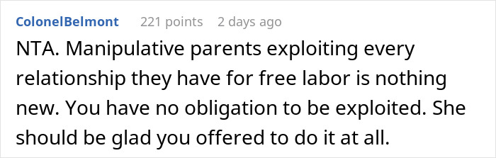 Screenshot of Reddit comment discussing manipulative parents expecting free babysitting using the family card excuse. Screenshot of Reddit comment discussing manipulative parents expecting free babysitting using the family card excuse.