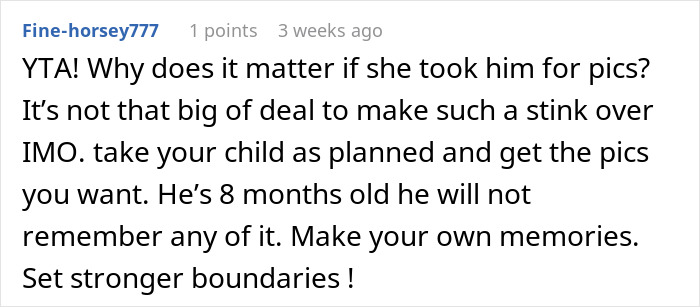 Comment criticizing step-grandma sneaking baby to Santa, discussing babysitting boundaries and memories with an 8-month-old. Comment criticizing step-grandma sneaking baby to Santa, discussing babysitting boundaries and memories with an 8-month-old.
