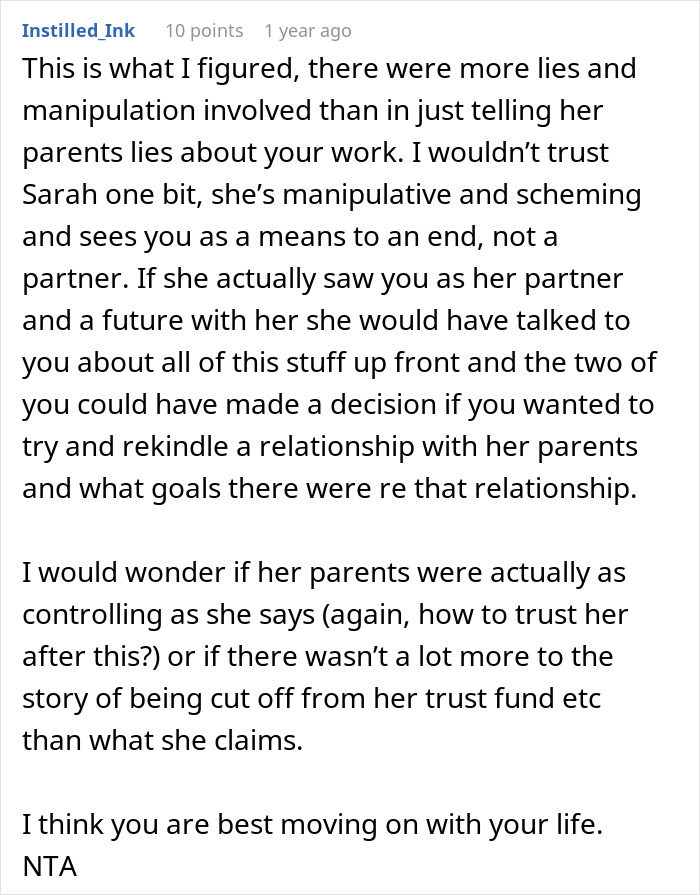 Comment discussing trust issues and manipulation in a relationship where a man is pressured to lie about his career.