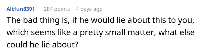 Comment discussing doubts about fiancé’s honesty after lying about woman’s family during holiday dinner.