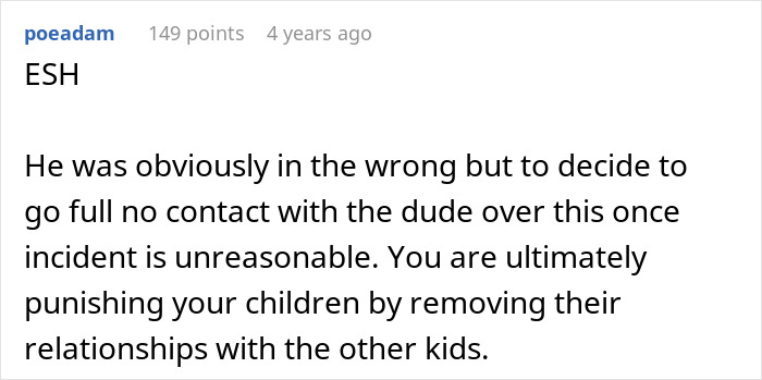 Comment discussing step-grandpa banned from visiting kids after denying candy over refusal to hug granny, highlighting family conflict.