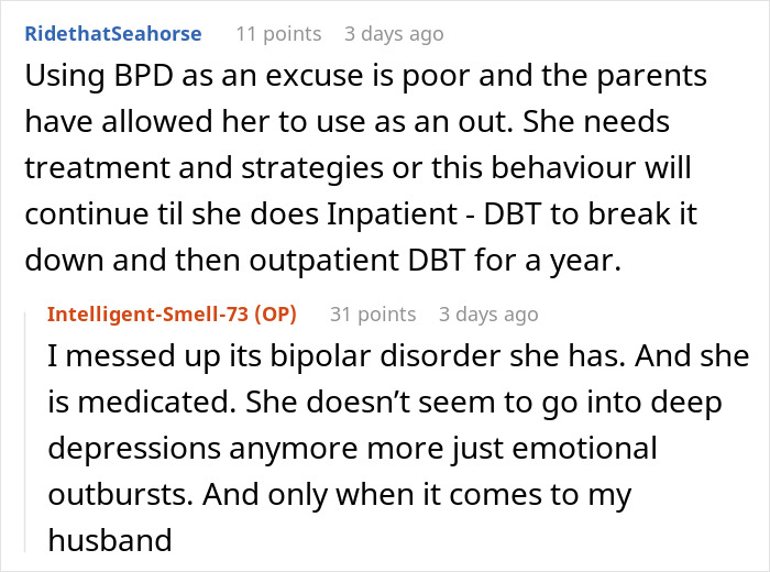 Screenshot of a Reddit conversation discussing a woman hospitalized after family intervention over obsession, mentioning bipolar disorder treatment. Screenshot of a Reddit conversation discussing a woman hospitalized after family intervention over obsession, mentioning bipolar disorder treatment.