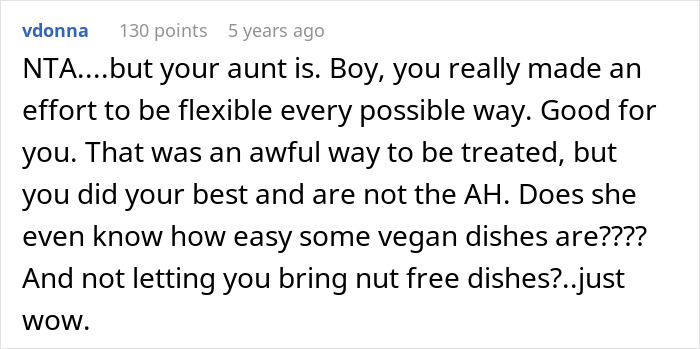 Screenshot of an online comment discussing challenges with no vegan options Christmas Eve dinner and issues with bringing nut-free dishes. Screenshot of an online comment discussing challenges with no vegan options Christmas Eve dinner and issues with bringing nut-free dishes.
