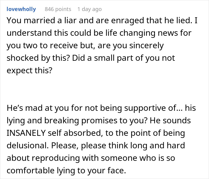 Comment expressing anger at husband’s lie risking future child’s health and warning about reproducing with a liar. Comment expressing anger at husband’s lie risking future child’s health and warning about reproducing with a liar.