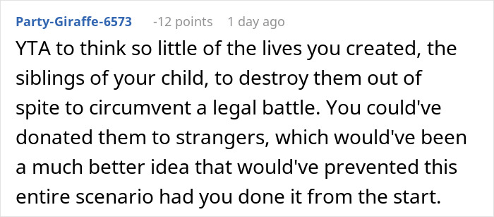 ALT text: Online comment criticizing a couple's decision to destroy embryos after discovering a friend's true colors controversy.