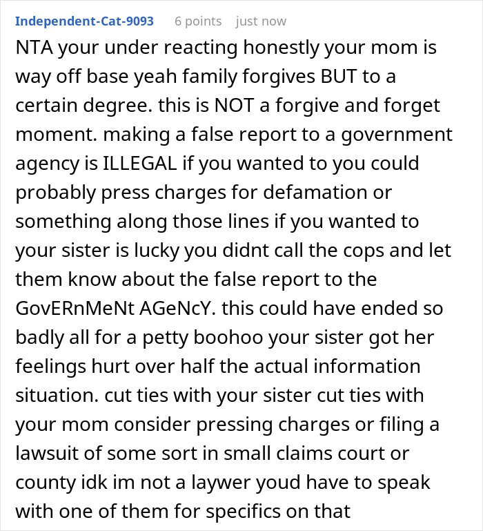 Commenter discusses legal risks of false CPS reports after woman finds out sister called CPS on her autistic son.
