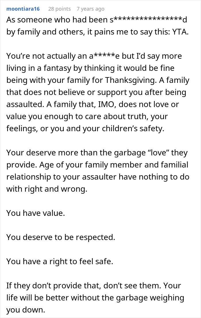 Comment expressing support for a woman who feels like she ruined Thanksgiving after blowing up at family for leaving dinner.